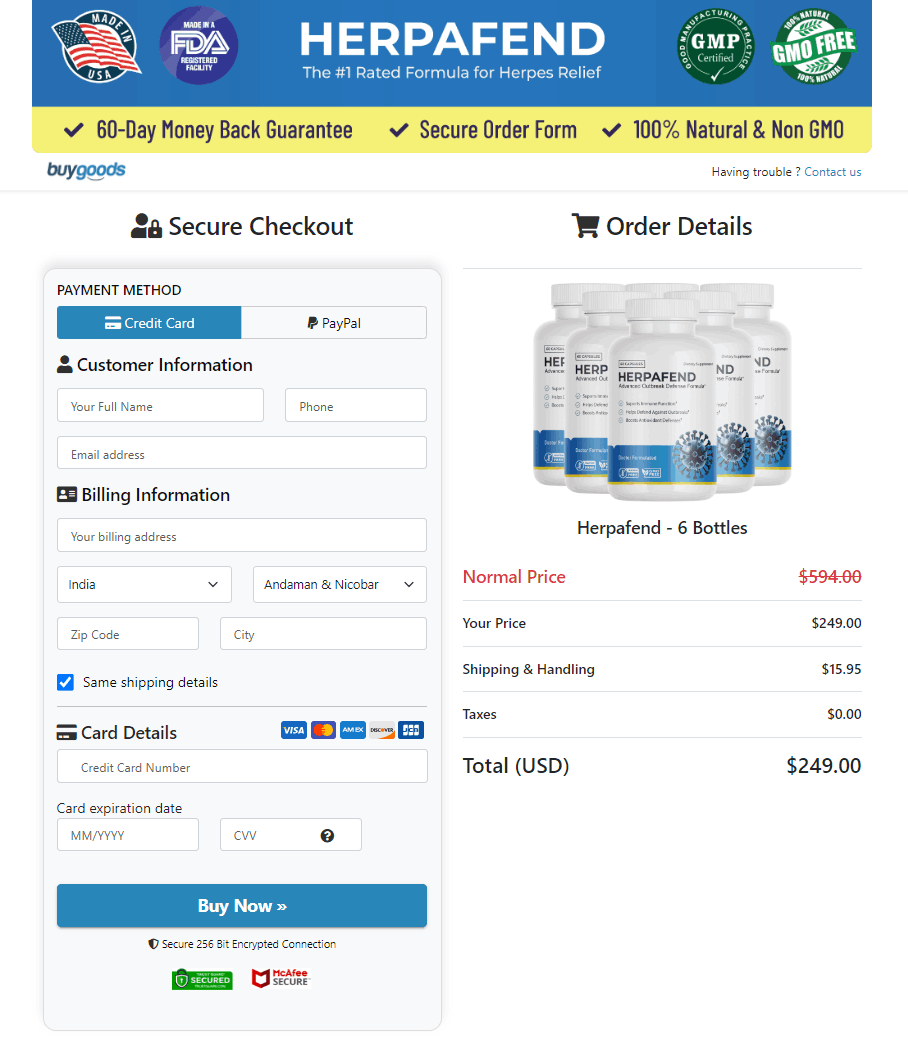 Herpafend Secured Order Page